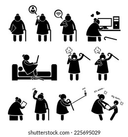 High Tech Granny Elderly Old Woman Using Computer and Smartphone Stick Figure Pictogram Icons