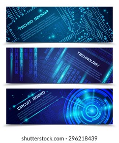 High tech horizontal banner set with abstract circuit pattern isolated vector illustration