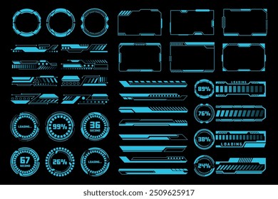 Elementos vetoriais de HUD de alta tecnologia com indicadores de barras de carregamento e interface de usuário de fi científica