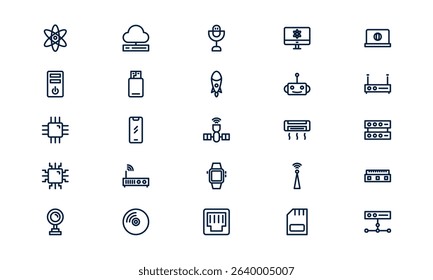 High tech icon representing advanced innovation, futuristic technology, and digital development in outline style