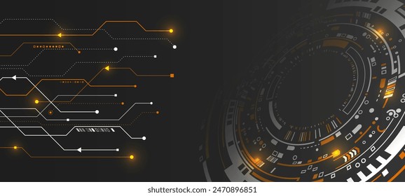 High tech illustration with different technology elements. Wide concept of internet and network cybersecurity. Abstract global science fiction concept. Internet communication on dark background