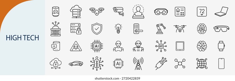 high tech innovation and future digital technology set, outline vector icons