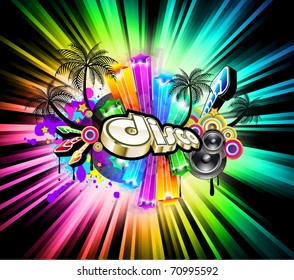 High Tech Music Disco Background with glowing Rainbow lights