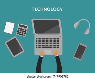 High tech Office workplace with phone tablet laptop headphone calculator and notebook