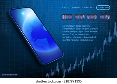 High tech planet earth hologram in smartphone screen with investment financial data vector diagram. Stock market chart. Infographic elements and realistic world map