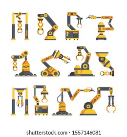 High tech robotic arms flat vector illustrations set. Machinery innovations. Collection of modern technology equipment. Factory manipulators isolated cliparts color pack on white background
