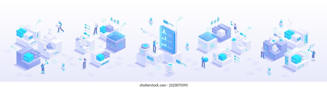 High tech, science, futuristic modern concept. Digital technology, deep learning and big data. Detailed abstract isometric vector illustration for screen template or banner background