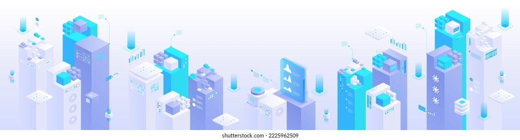 High tech, science, futuristic modern concept. Digital technology, deep learning and big data. Detailed abstract isometric vector illustration for screen template or banner background