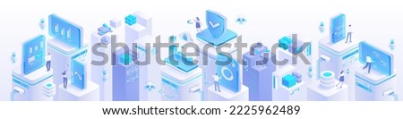 High tech, science, futuristic modern concept. Digital technology, deep learning and big data. Detailed abstract isometric vector illustration for screen template or banner background