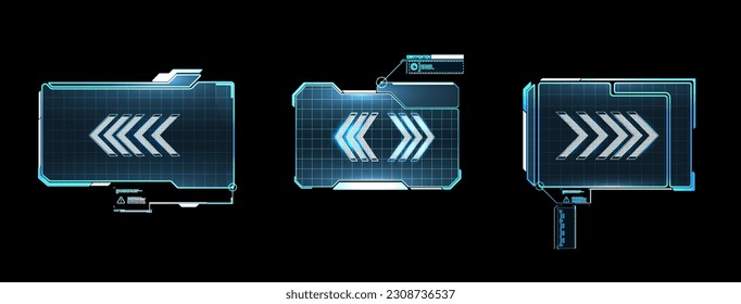 High tech screen for video game. Sci-fi concept design. Square Frames Vector Futuristic callouts titles. Info boxes, digital information bar labels. Modern digital info boxes layout templates.