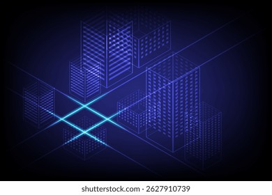 A high tech smart city skyline illustration composed of small glowing squares, creating a digital, futuristic feel with blue neon lighting on black