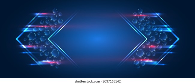 High tech technology concept for banner or presentation. Futuristic background made of arrows and hexagon blocks. Neon glowing lines on a blue background.