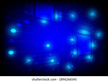 Concepto de alta tecnología. Tarjeta de circuito de fondo azul. Banner tecnológico, modelo eléctrico, idea creativa.