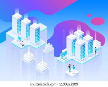 High technology concept. Data center, processing big data, networking process, data routing and storage. Isometric vector illustration