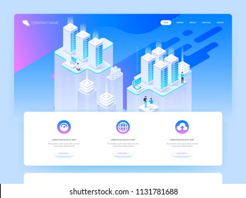 High technology concept. Data center, processing big data, networking process, data routing and storage. Isometric vector illustration