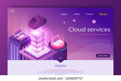 High technology concept, data center, cloud data storage isometric vector. Cloud computing concept. Cloud data center with hosting servers. Computer technology, network and database, internet center.