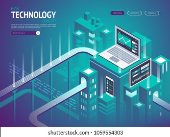 High technology concept. Landing page template. Header for website. High detailed isometric vector illustration 