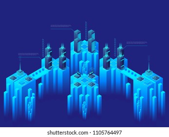 High technology concept. Supercomputer. Big data center. Networked computer servers. Cryptocurrency market. Detailed vector isometric illustration.