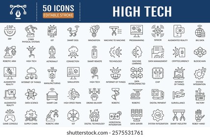 High Technology line editable icon set. Containing as Artificial Intelligence, Internet of Things, Industry 4.0, Smart Technology icons. Vector Illustration