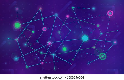 High technology process. Network concept connections with lights, lines, circles and dots on dark background. Connected cells with links.  Vector illustration.