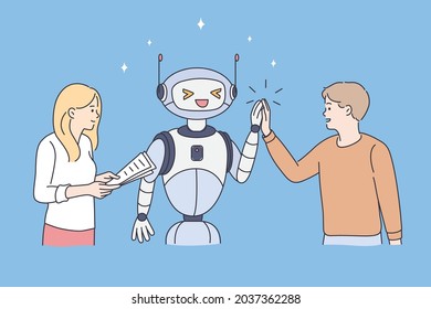 High technology and robot concept. Young couple man and woman standing greeting waving hands with robot over blue background vector illustration 