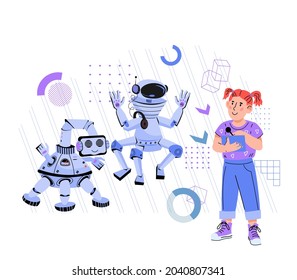 High technology and robotics for kids concept with child controlling robots, flat vector illustration isolated on white background. Robotics and programming learning for children.