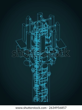 High telecommunication tower isometric blueprints, stylized vector illustration