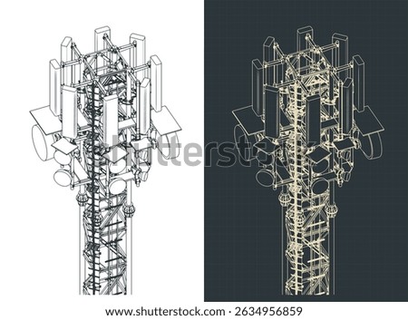 High telecommunication tower isometric blueprints, stylized vector illustrations