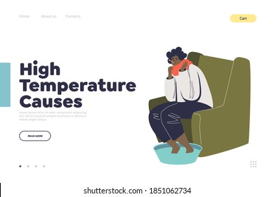 High temperature causes concept of landing page with woman soaking feet in warm water and measuring body temperature. Sick female cartoon character suffering from fever. Flat vector illustration