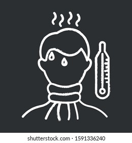 High temperature chalk icon. Fever symptom. Disease, illness. Man unwell. Healthcare. Flu, influenza. Sick person. Severe pain. Thermometer. Grippe treatment. Isolated vector chalkboard illustration