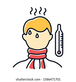 High temperature color icon. Fever symptom. Disease, illness. Man unwell. Healthcare. Flu, influenza infection. Sick person. Severe pain. Thermometer. Grippe treatment. Isolated vector illustration