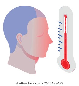 High temperature fever illustration for health and medical concept with thermometer and sick person