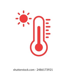 High Temperature, Hot, Red Thermometer with Sun and Scale Icon Vector Illustration on White Background. Hot Weather Flat Sign.