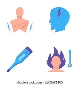 High temperature icon set in flat style. Fever symptoms pictograms. Vector illustration.