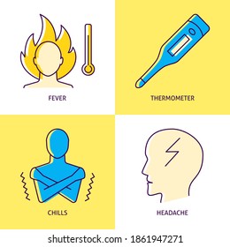 High temperature icon set in line style. Fever symptoms collection. Vector illustration.