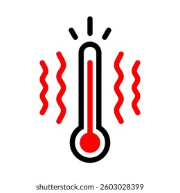 High temperature icon with thermometer and heat wave lines. Editable stroke.