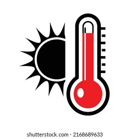 High temperature icon. Vector illustration of sun and red thermometer. Very hot and scorching. Global warming symbol isolated on white background.