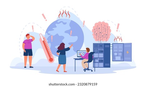 High temperature planet due to artificial intelligence  Environmental impact modern AI technology  scared people vector illustration  Technology  danger  environment  climate change concept