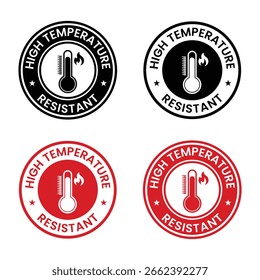 Logotipo de insignia resistente a altas temperaturas, signo, logotipo, insignia, ícono, pegatina, etiqueta, emblema, sello, símbolo, negro, línea, Vector plano, ilustración aislada. Adecuado para el signo de información de la etiqueta del producto