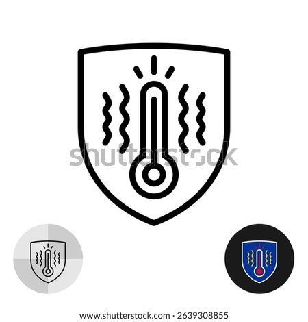 High temperature resistant object property icon with shield and thermometer. Heat resist thermal glass or other material feature symbol