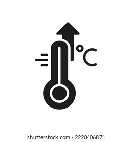 Icono de silueta de escala de alta temperatura. Síntomas de gripe, frío, virus y fiebre. Termómetro con pictograma de flecha hacia arriba. Aumento de la temperatura del ícono negro del cuerpo humano. Ilustración vectorial.