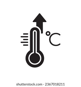 High Temperature Scale Silhouette Icon. Flu, Cold, Virus and Fever Symptoms. Thermometer with Arrow Up Pictogram. Increased Temperature of Human Body Black Icon. Vector illustration.