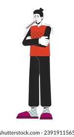 High temperature sick line cartoon flat illustration. Caucasian fever man keeping thermometer in mouth 2D lineart character isolated on white background. Chills symptom scene vector color image