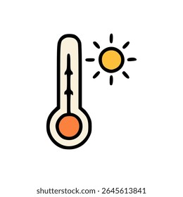 High temperature thermometer with bright sun icon representing summer heatwave or global warming concept