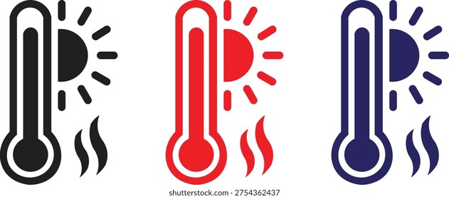 High Temperature Thermometer Heat Icon Set Hot Weather Climate Temperature Gauge Heatwave Warning Thermometer Vector Illustration