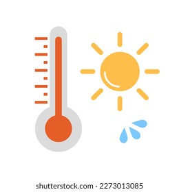 High temperature thermometer and sun and sweat icon set. Summer. Vector.