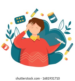 High temperature vector illustration. Symptoms of the disease and sick. Temperature, cough, runny nose. Epidemic. Pandemic. Coronavirus. Quarantine. Virus attack. With drug, pills and medical stuff.