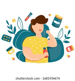 High temperature vector illustration. Symptoms of the disease and sick. Temperature, cough, runny nose. Epidemic. Pandemic. Coronavirus. Quarantine. Virus attack. With drug, pills and medical stuff.