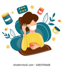 High temperature vector. Infection. Symptoms of the disease and sick. Temperature, cough, runny nose. Epidemic. Pandemic. Coronavirus. Quarantine. Virus attack. With drug, pills and medical stuff.