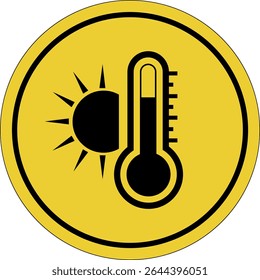 Temperatura alta. Muito quente e escaldante. Calor. Adesivo de círculo amarelo. Ícone Aviso. Assine amarelo. Rótulo do círculo.